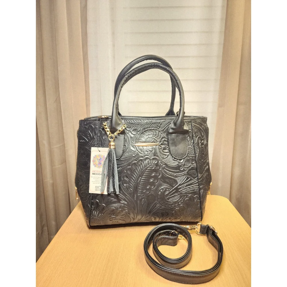 Black Zippered Floral Embossed Tooled Artisan LEATHER Hobo Bag Purse Artesanal